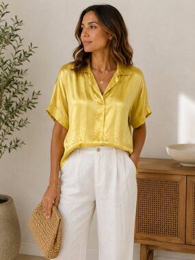 Weili Zheng Yellow Satin Short Sleeve Shirt Blouse Top Size S